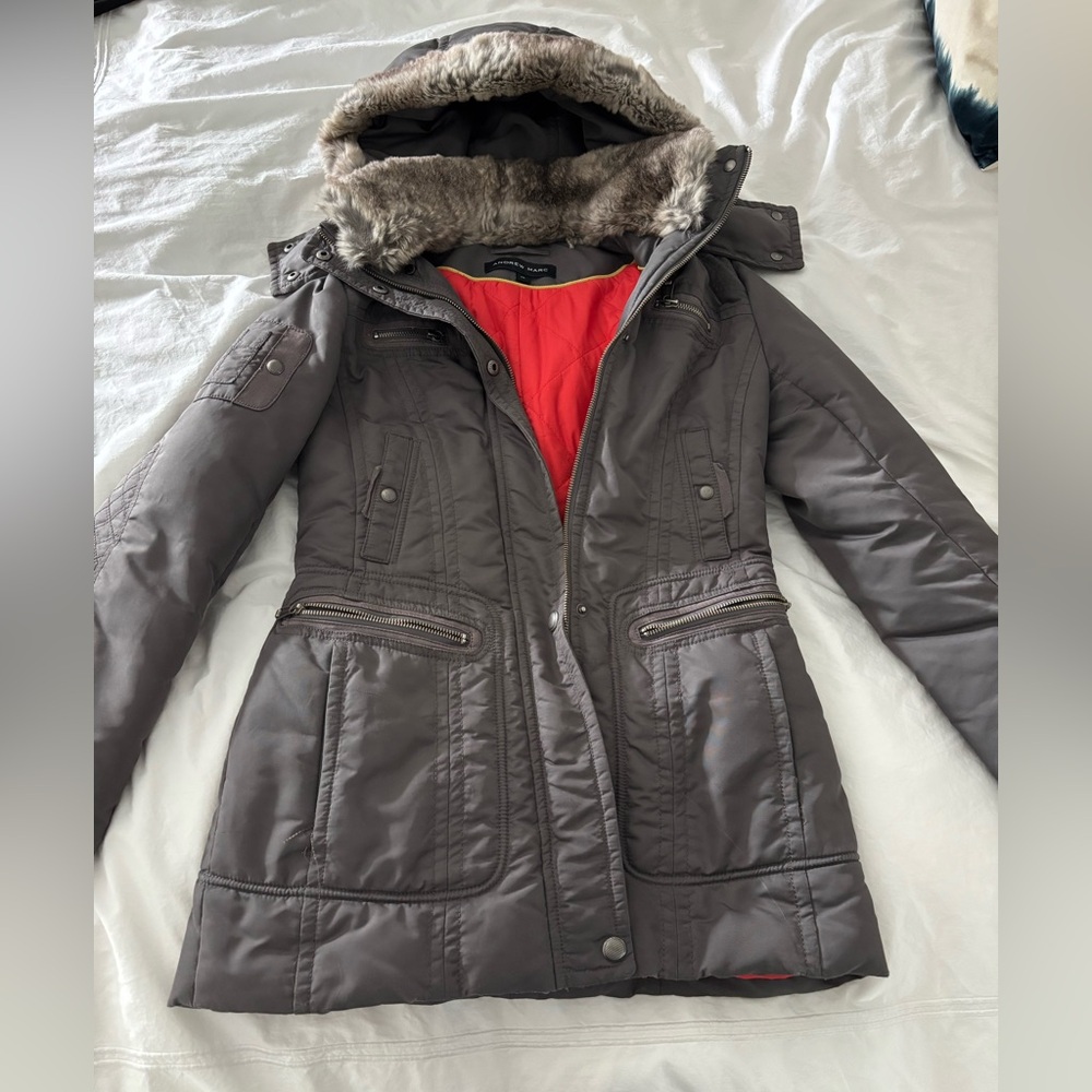 Gray Winter Coat with Real Fur Trim